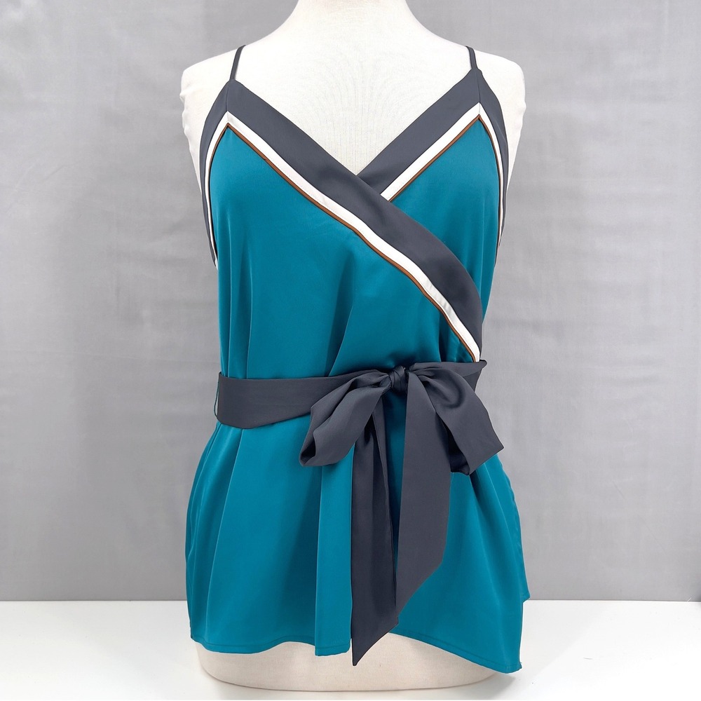 LOFT Womens‎ Teal Faux Wrap Camisole Top Striped Trim Tie Waist Size Small